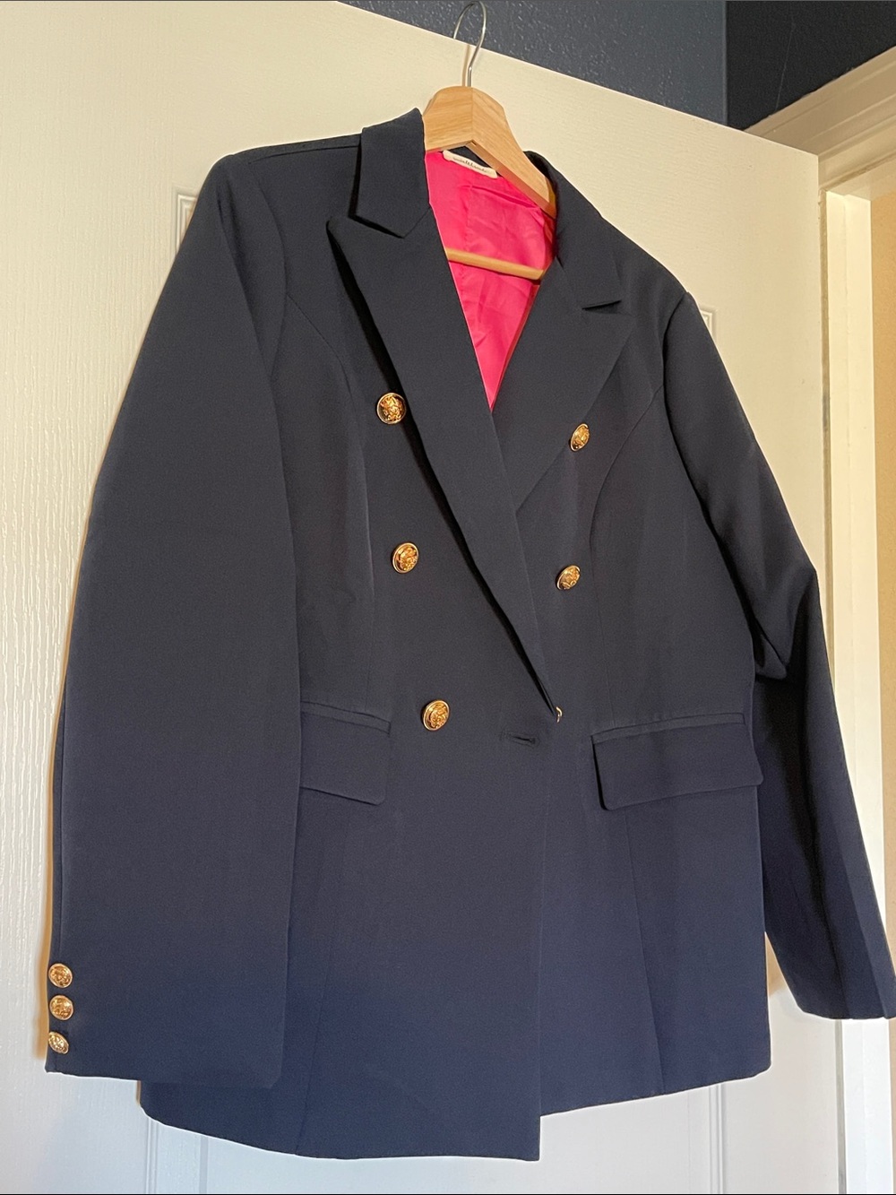 Women's Double-Breasted Navy Blazer with Gold Buttons